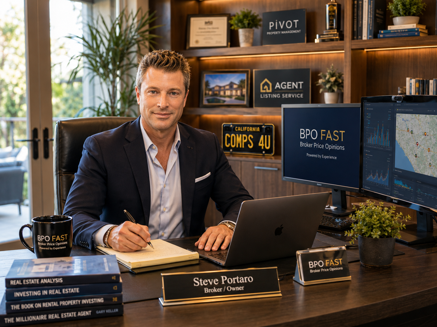 Steve Portaro working in his office with BPO Fast, Pivot Property Management, Agent Listing Service, and COMPS 4U license plate