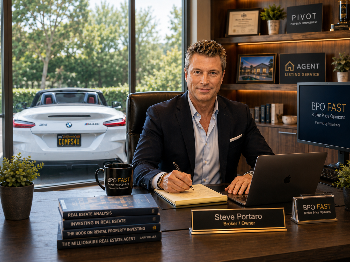 Steve Portaro working in his office with BPO Fast, Pivot Property Management, Agent Listing Service, and his COMPS 4U vehicle visible outside